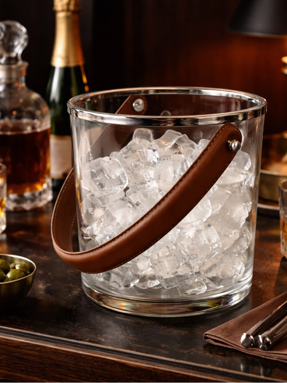 Zodax Barclay Butera Ice Bucket with Camel Leather Handle and Nickel Hardware